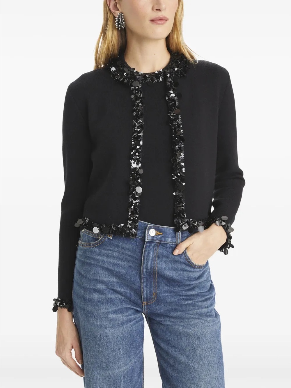 NWT $698 Tory Burch Kendra Embellished Wool-blend Cardigan Black